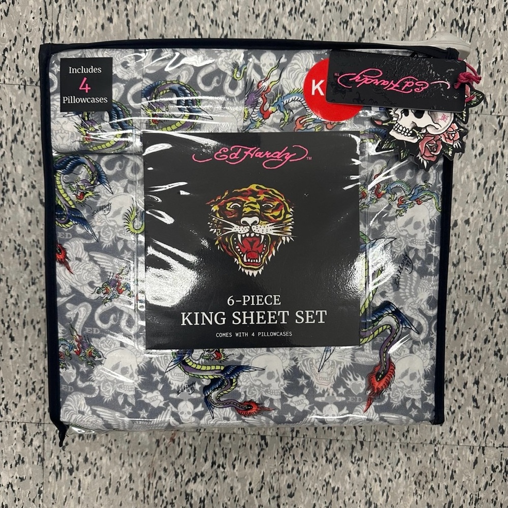Ed Hardy King Sheet Set in Gray with Multicolor Dragon and Tiger Motif
